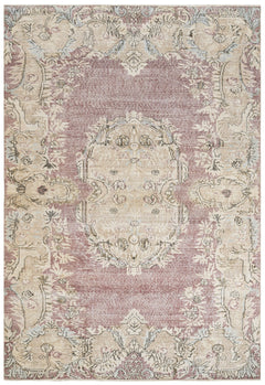 Handmade Wool Cotton Rug - Vintage Pink Medallion Carpet 6'8" x 10' Durable Bohemian Style