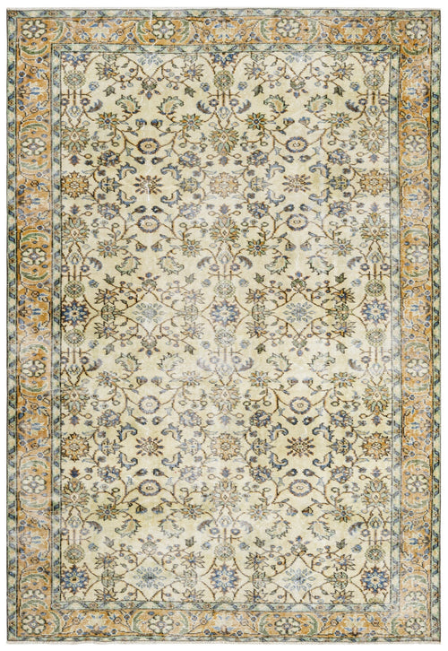 Handmade Wool Cotton Rug - Vintage Yellow Frame 5x9 Feet Durable Natural Fibers