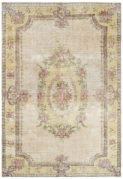 Handmade Wool Rug – Vintage Green Medallion Cotton Blend 5'4" x 8'11"