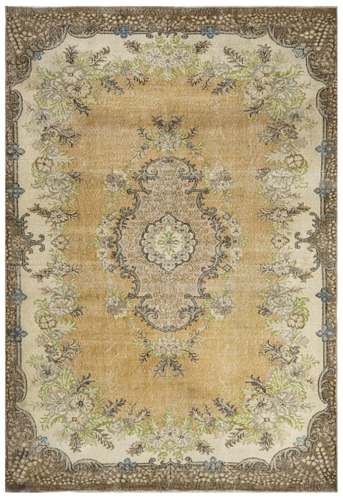 Handmade Wool Cotton Rug – Vintage Brown Medallion Carpet 6'11"x10'8" Area Rug