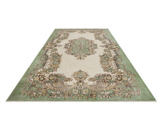 Handmade Wool Cotton Rug – Vintage Green Medallion Carpet 5'8"x9'3" Durable Natural Fibers