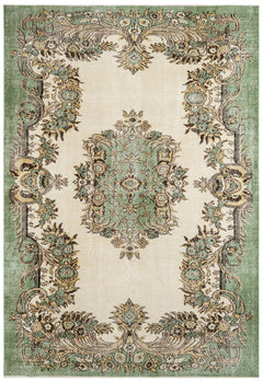 Handmade Wool Cotton Rug – Vintage Green Medallion Carpet 5'8"x9'3" Durable Natural Fibers