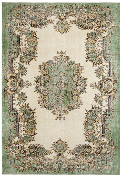 Handmade Wool Cotton Rug – Vintage Green Medallion Carpet 5'8"x9'3" Durable Natural Fibers