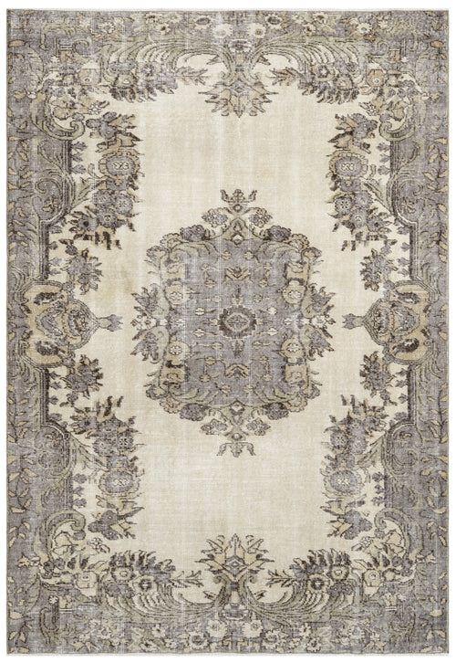Handmade Wool Rug - Vintage Grey Medallion Carpet 5'8"x8'7" Durable Soft Natural Fiber