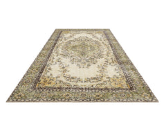 Handmade Wool Rug – Vintage Green Medallion Carpet 6'2"x9'8" Cotton Blend