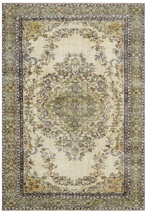 Handmade Wool Rug – Vintage Green Medallion Carpet 6'2"x9'8" Cotton Blend