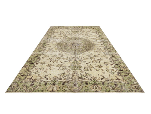 Handmade Wool Cotton Rug - Vintage Green Medallion Area Carpet 5'9" x 9'3"