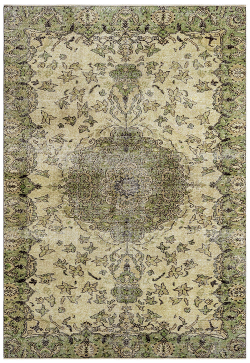 Handmade Wool Cotton Rug - Vintage Green Medallion Area Carpet 5'9" x 9'3"