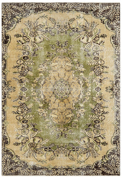 Handmade Wool Rug - Vintage Green Medallion Carpet 5'5" x 8'6" Cotton Wool Blend