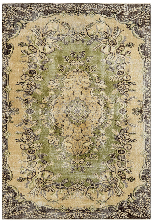 Handmade Wool Rug - Vintage Green Medallion Carpet 5'5" x 8'6" Cotton Wool Blend