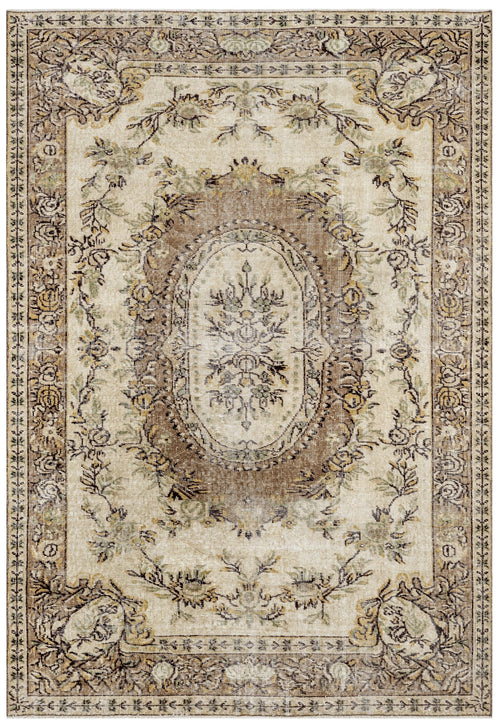 Handmade Wool Cotton Rug - Vintage Brown Medallion Carpet 5'3" x 8'10"