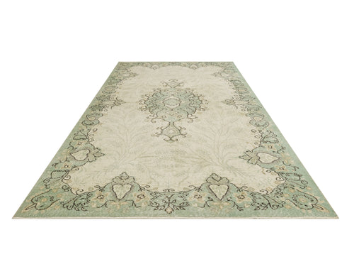 Handmade Wool Rug - Vintage Green Medallion 5'2"x8'4" Cotton Blend Carpet