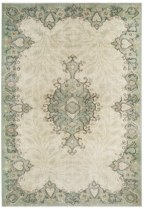 Handmade Wool Rug - Vintage Green Medallion 5'2"x8'4" Cotton Blend Carpet