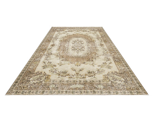 Handmade Wool Cotton Rug – Vintage Brown Medallion Carpet 5'3" x 8'11"