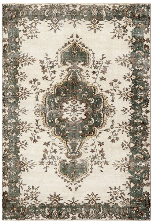 Handmade Wool Cotton Rug – Vintage Green Medallion Carpet 5x9 Area Durable Handwoven