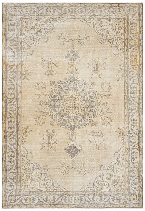 Handmade Wool Cotton Rug – Vintage Beige Medallion Carpet 6' x 10' Soft Texture