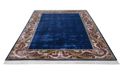 Viscose Area Rug – Navy Frame Carpet With Fringed Edges | Durable Machine Made Rug