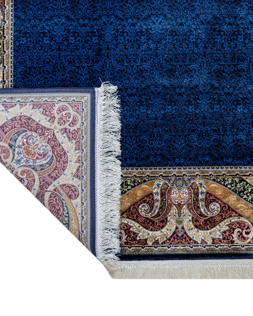 Viscose Area Rug – Navy Frame Carpet With Fringed Edges | Durable Machine Made Rug