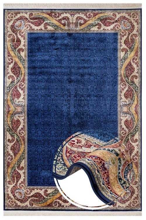 Viscose Area Rug – Navy Frame Carpet With Fringed Edges | Durable Machine Made Rug