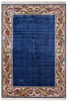 Viscose Area Rug – Navy Frame Carpet With Fringed Edges | Durable Machine Made Rug
