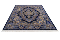 Classic Viscose Area Rug – Navy Blue Machine Made Rug with Fringed Edges