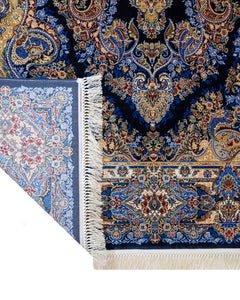 Classic Viscose Area Rug – Navy Blue Machine Made Rug with Fringed Edges