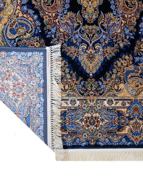 Classic Viscose Area Rug – Navy Blue Machine Made Rug with Fringed Edges