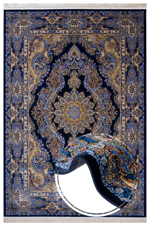 Classic Viscose Area Rug – Navy Blue Machine Made Rug with Fringed Edges