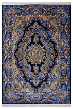 Classic Viscose Area Rug – Navy Blue Machine Made Rug with Fringed Edges