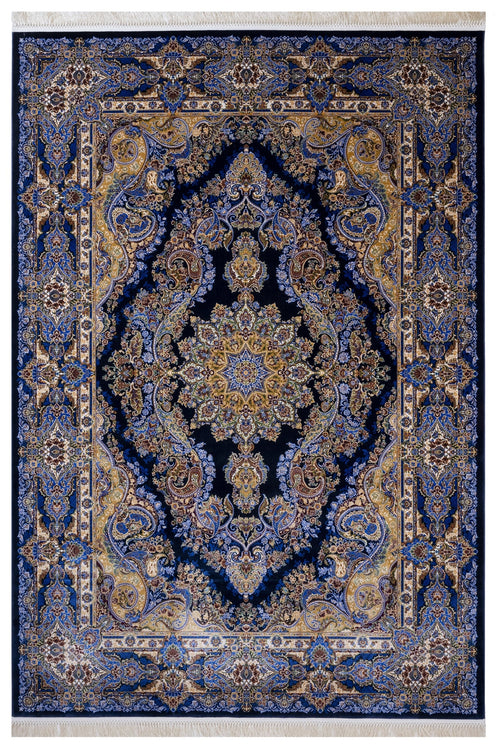 Classic Viscose Area Rug – Navy Blue Machine Made Rug with Fringed Edges