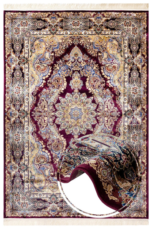 Burgundy Viscose Area Rug – Classic Machine Made Rug With Fringed Edges