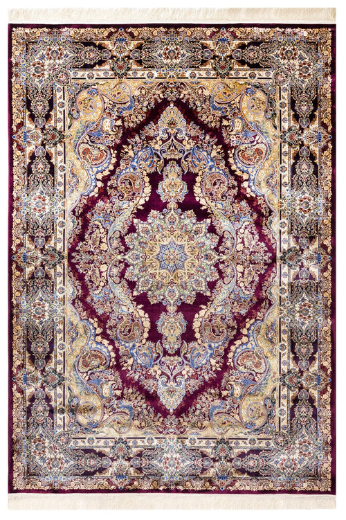 Burgundy Viscose Area Rug – Classic Machine Made Rug With Fringed Edges