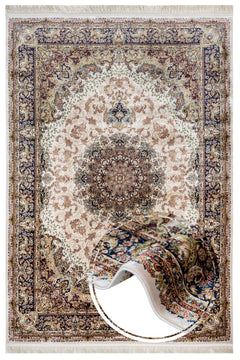 Classic Viscose Area Rug – Machine Made Cream Carpet with Fringed Edges