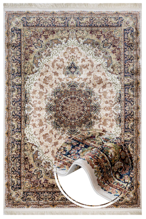 Classic Viscose Area Rug – Machine Made Cream Carpet with Fringed Edges