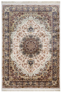 Classic Viscose Area Rug – Machine Made Cream Carpet with Fringed Edges