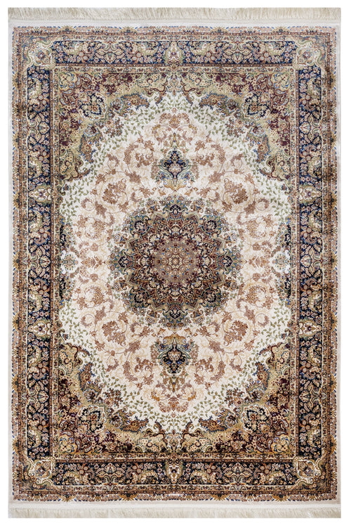 Classic Viscose Area Rug – Machine Made Cream Carpet with Fringed Edges