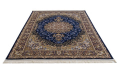 Navy Viscose Area Rug – Classic Machine Made Soft Blue Carpet With Fringed Edges