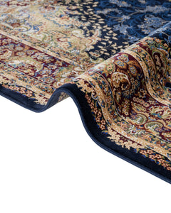 Navy Viscose Area Rug – Classic Machine Made Soft Blue Carpet With Fringed Edges