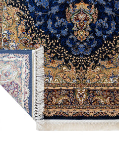 Navy Viscose Area Rug – Classic Machine Made Soft Blue Carpet With Fringed Edges