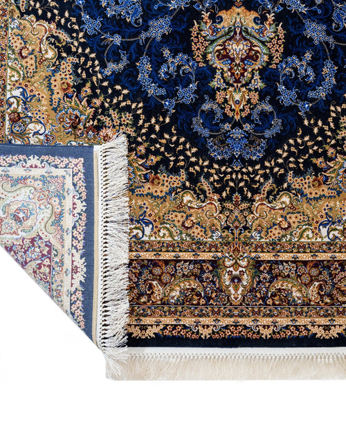 Navy Viscose Area Rug – Classic Machine Made Soft Blue Carpet With Fringed Edges