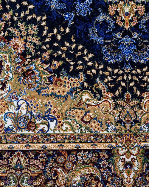 Navy Viscose Area Rug – Classic Machine Made Soft Blue Carpet With Fringed Edges