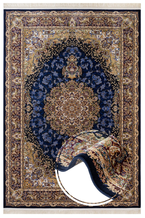 Navy Viscose Area Rug – Classic Machine Made Soft Blue Carpet With Fringed Edges