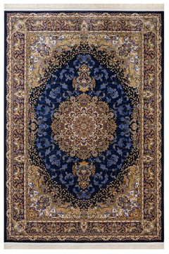 Navy Viscose Area Rug – Classic Machine Made Soft Blue Carpet With Fringed Edges