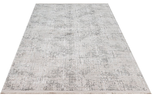 Grey Striped Area Rug - Machine Made Rug With 11 mm Pile Height & Laser Cut Fringe
