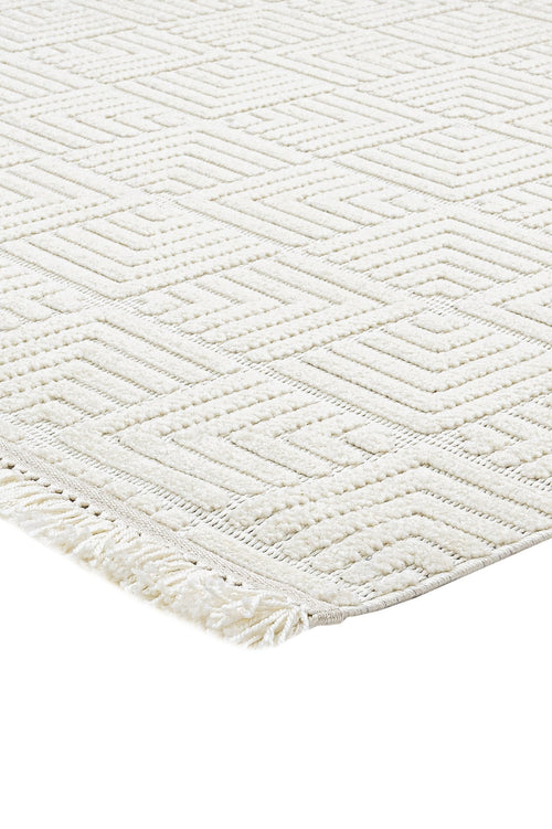 Geometric Area Rug - Machine Made Cream Rug With 7 Mm Pile Height & Overlock Edge