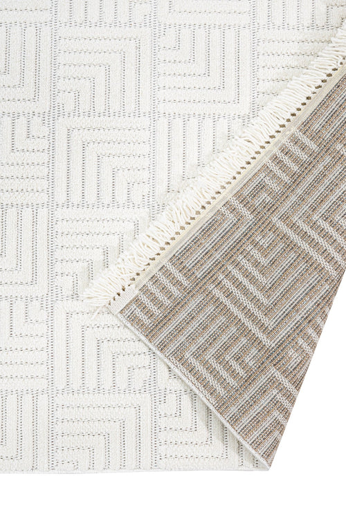 Geometric Area Rug - Machine Made Cream Rug With 7 Mm Pile Height & Overlock Edge