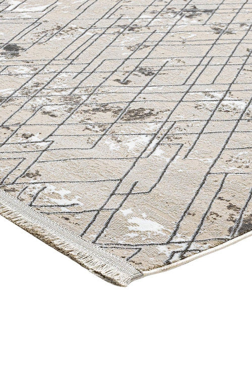 Grey Geometric Area Rug - Machine Made Microfiber Carpet With Cotton Base