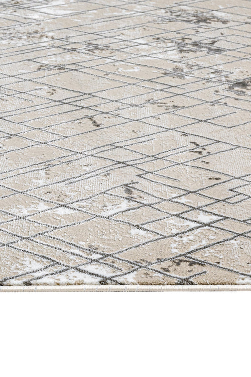 Grey Geometric Area Rug - Machine Made Microfiber Carpet With Cotton Base