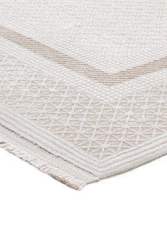 Machine Made Area Rug - Beige Frame Style Carpet | Pile Height 11mm, Washable