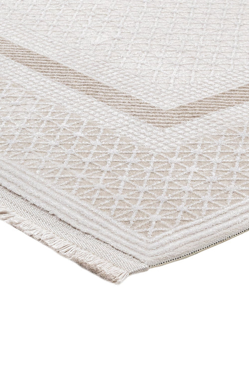 Machine Made Area Rug - Beige Frame Style Carpet | Pile Height 11mm, Washable